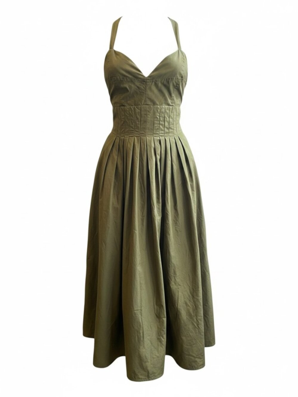 Lulus Strolling Sicily Olive Pleated Backless Midi Dress w/ Pockets Sz M #81T